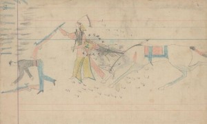 Figure 2: Plains Indian Ledger Art as an Empowering tool: the drawing shows an Indian Warrior,  ‘immune’ to bullets, defeating the U.S. Cavalry.