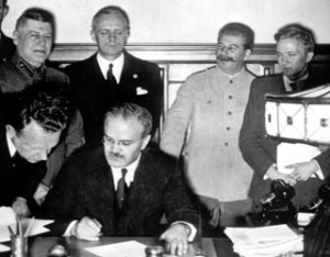 The signing of the Ribbentrop Pact, 1939. Blum suggests the Soviet Union signed this document out of fear of abandonment by their Western allies. (image: US Estonian embassy)