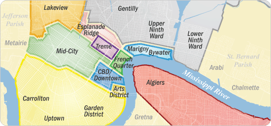 Map of New Orleans Districts (Image: http://www.neworleansonline.com/tools/transportation/maps.html)