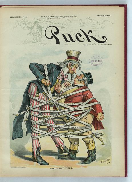Cover of 'Puck' magazine depicting the Venezuelan Boundary Dispute (January 1896) Published by Keppler & Schwarzmann, 1896 January 15.