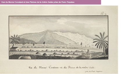 Formerly labelled: ‘Vue du Morne Constant et des Plaines de la rivière Salée prise de l’hab. Papaluu’. British Library