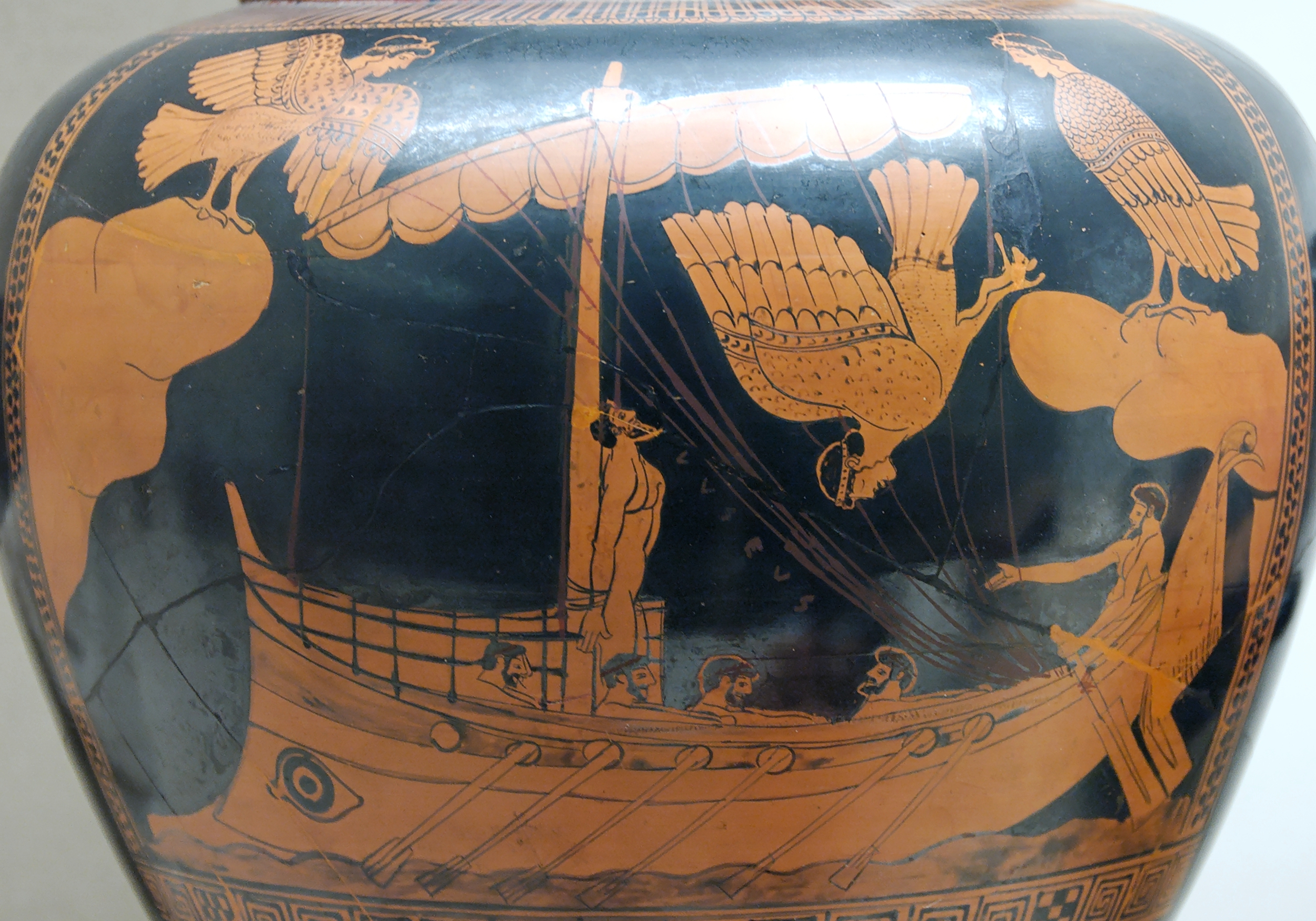 Detail from Odysseus and the Sirens, an Attic red-figured vase from 480-470 BC. British Museum. Image source: https://en.wikipedia.org/wiki/Siren_%28mythology%29#/media/File:Odysseus_Sirens_BM_E440_n2.jpg