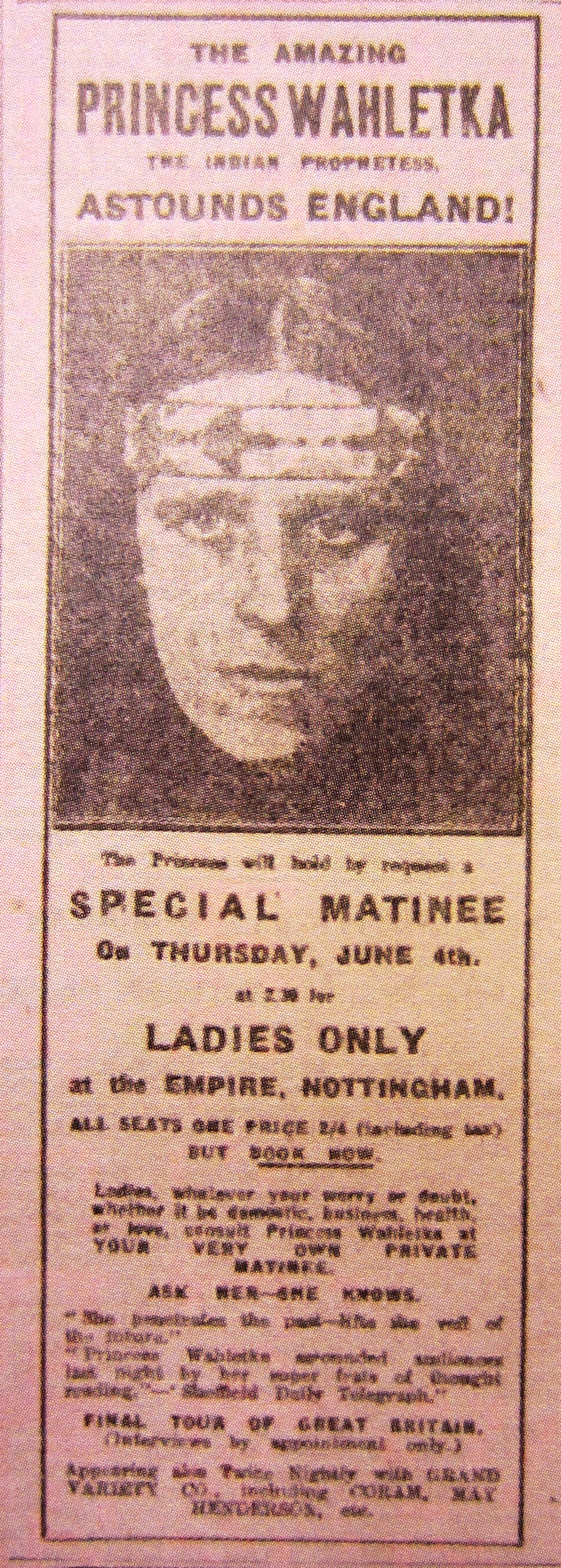 Princess Wahletka in the Nottingham Evening Post, 2 June 1925. Courtesy of British Library.