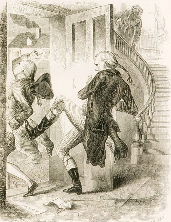 The former indentured servant Teague O’Regan is, like his real-world historical contemporaries, kicked out of the picture, in this illustration from an 1856 edition of Hugh Henry Brackenridge’s comic novel Modern Chivalry (1792-1815).