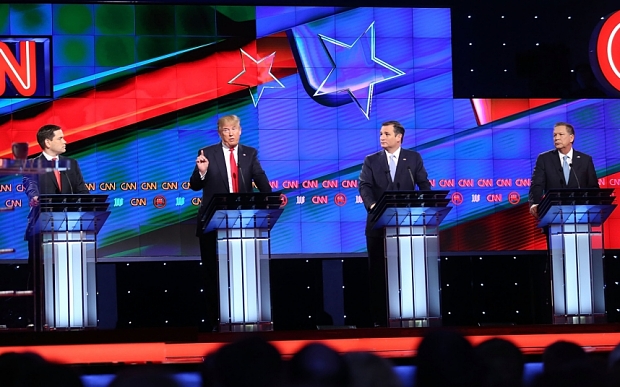 CORAL GABLES, FL - MARCH 10:  Republican presidential candidates, Sen. Marco Rubio (R-FL), Donald Trump, Sen. Ted Cruz (R-TX), and Ohio Gov. John Kasich debate during the CNN, Salem Media Group, The Washington Times Republican Presidential Primary Debate on the campus of the University of Miami on March 10, 2016 in Coral Gables, Florida. The candidates continue to campaign before the March 15th Florida primary.  (Photo by Joe Raedle/Getty Images)