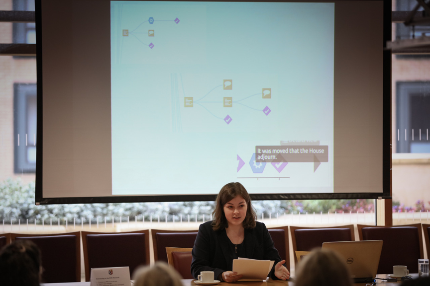 Grace Mallon presents on data entry and the Convention records. Image courtesy of Christopher Down, Light Blue Images. 