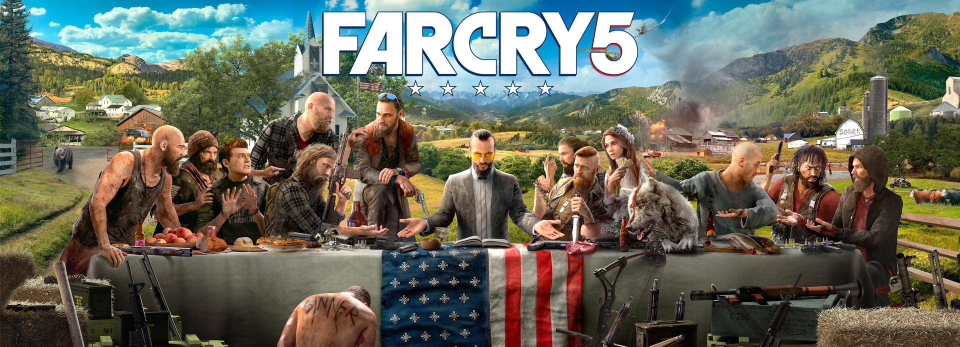 Cover of Far Cry 5, making visual links to Leonardo da Vinci's 'The Last Supper' 