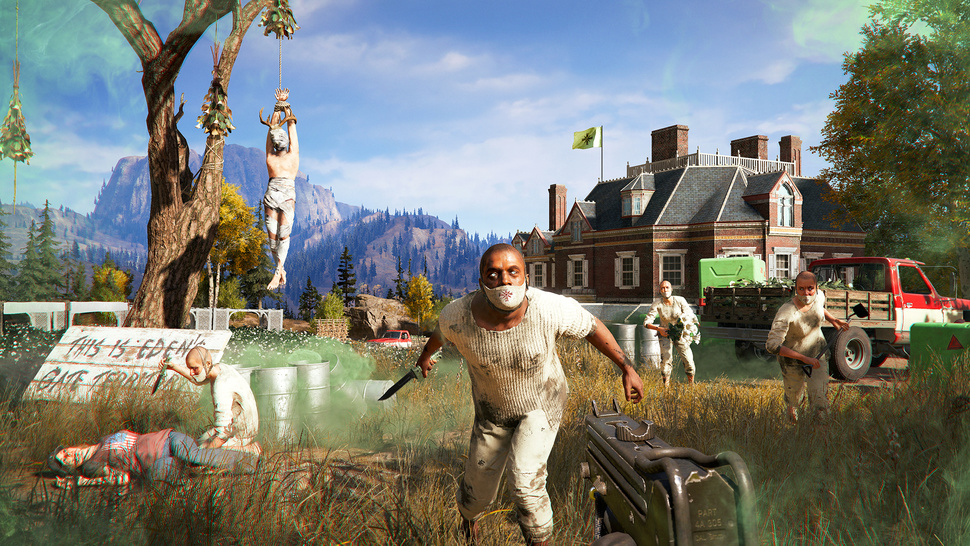 Screenshot from the game Far Cry 5, showing a cult members rushing to attack against a quintessentially rural American backdrop